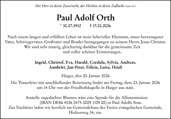 Traueranzeige von Paul Adolf Orth von Dill Block