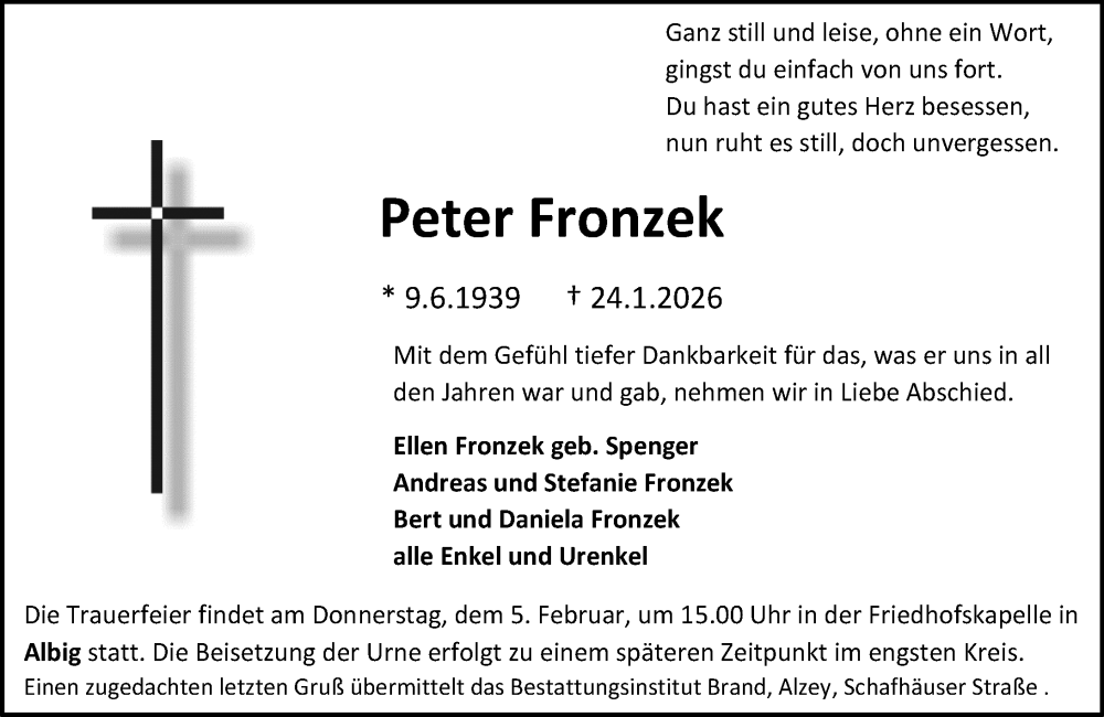  Traueranzeige für Peter Fronzek vom 31.01.2026 aus Allgemeine Zeitung Alzey