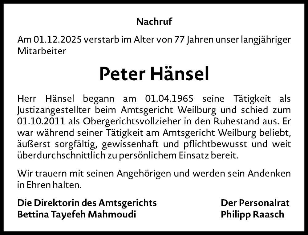  Traueranzeige für Peter Hänsel vom 10.01.2026 aus Weilburger Tageblatt