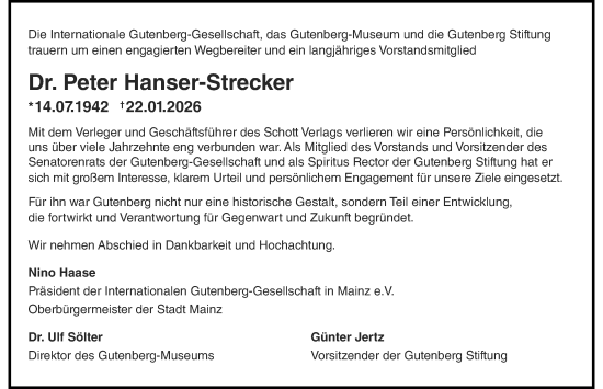 Traueranzeige von Peter Hanser-Strecker von Wiesbadener Kurier