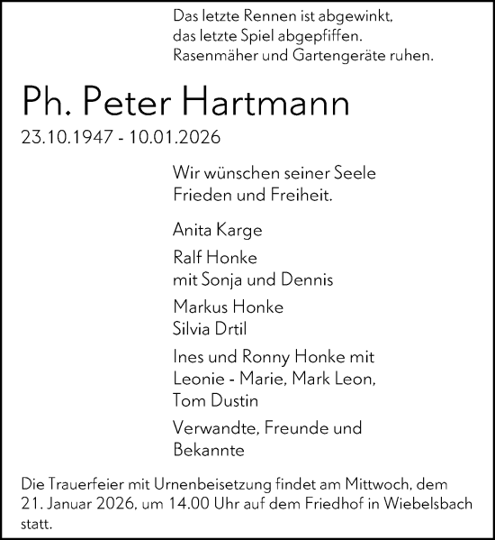 Traueranzeige von Peter Hartmann von Darmstädter Echo