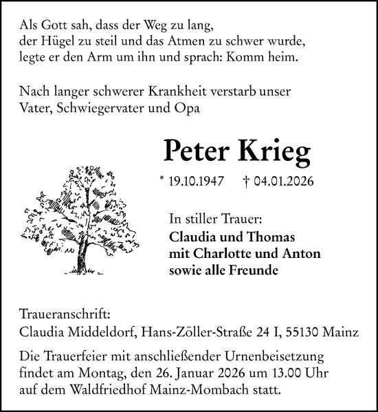 Traueranzeige von Peter Krieg von Allgemeine Zeitung Mainz