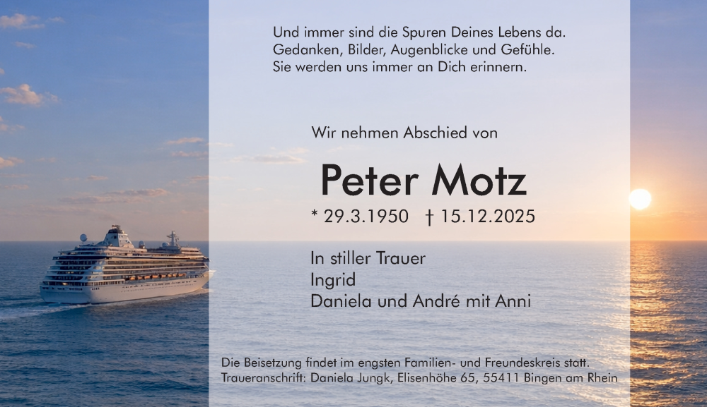  Traueranzeige für Peter Motz vom 10.01.2026 aus Binger-/Ingelheimer Wochenblatt