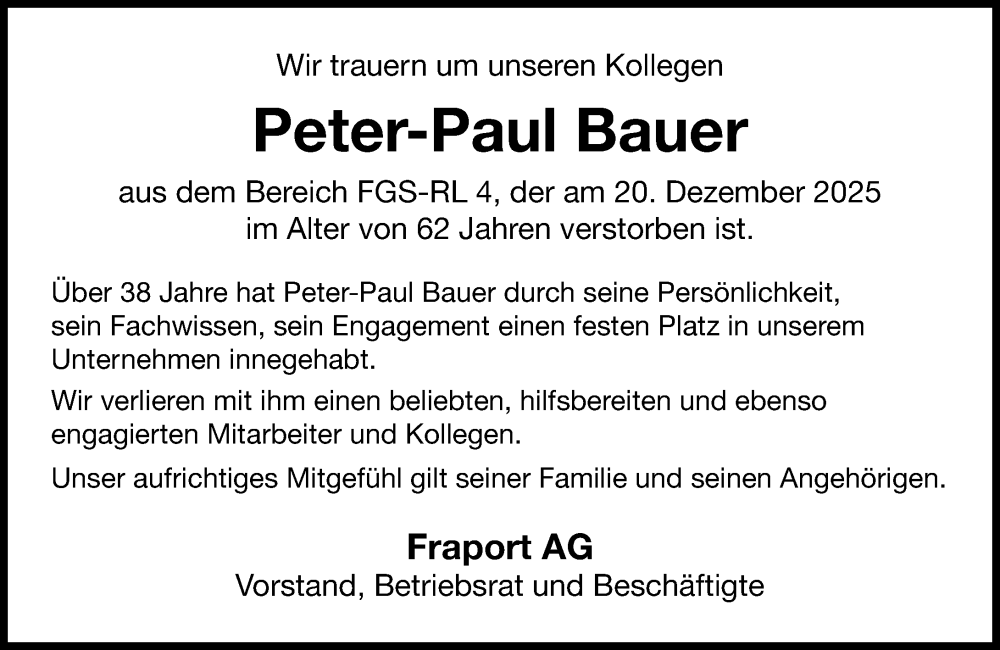  Traueranzeige für Peter-Paul Bauer vom 10.01.2026 aus Nassauische Neue Presse