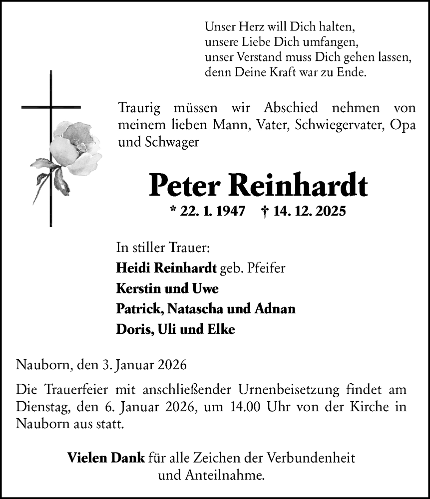  Traueranzeige für Peter Reinhardt vom 03.01.2026 aus Wetzlarer Neue Zeitung