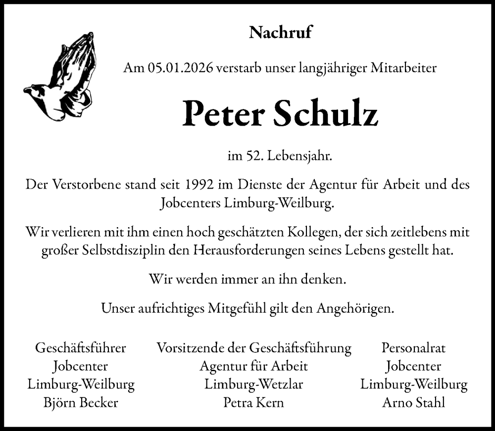  Traueranzeige für Peter Schulz vom 17.01.2026 aus Weilburger Tageblatt