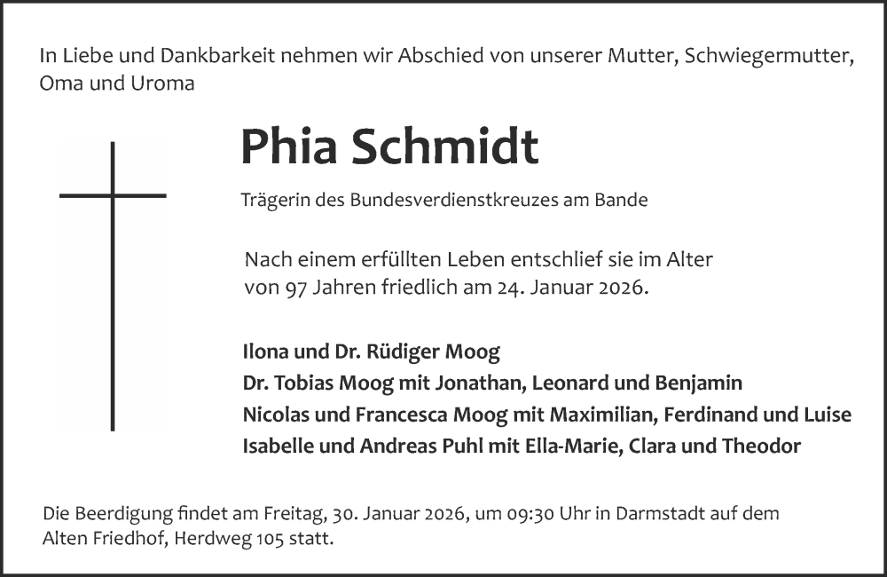  Traueranzeige für Phia Schmidt vom 28.01.2026 aus Darmstädter Echo