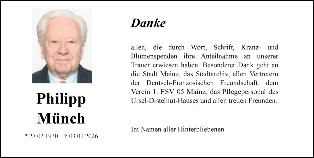  Traueranzeige für Philipp Münch vom 24.01.2026 aus Allgemeine Zeitung Mainz