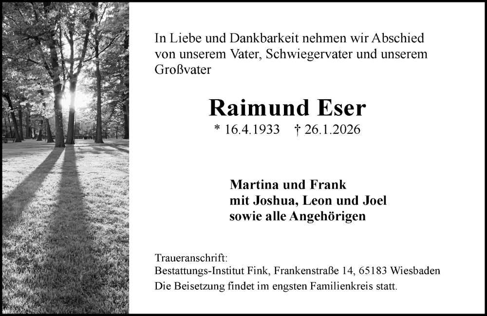  Traueranzeige für Raimund Eser vom 31.01.2026 aus Wiesbadener Kurier