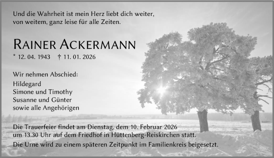 Traueranzeige von Rainer Ackermann von Wetzlarer Neue Zeitung