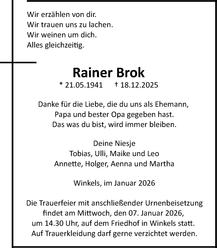  Traueranzeige für Rainer Brok vom 03.01.2026 aus Weilburger Tageblatt