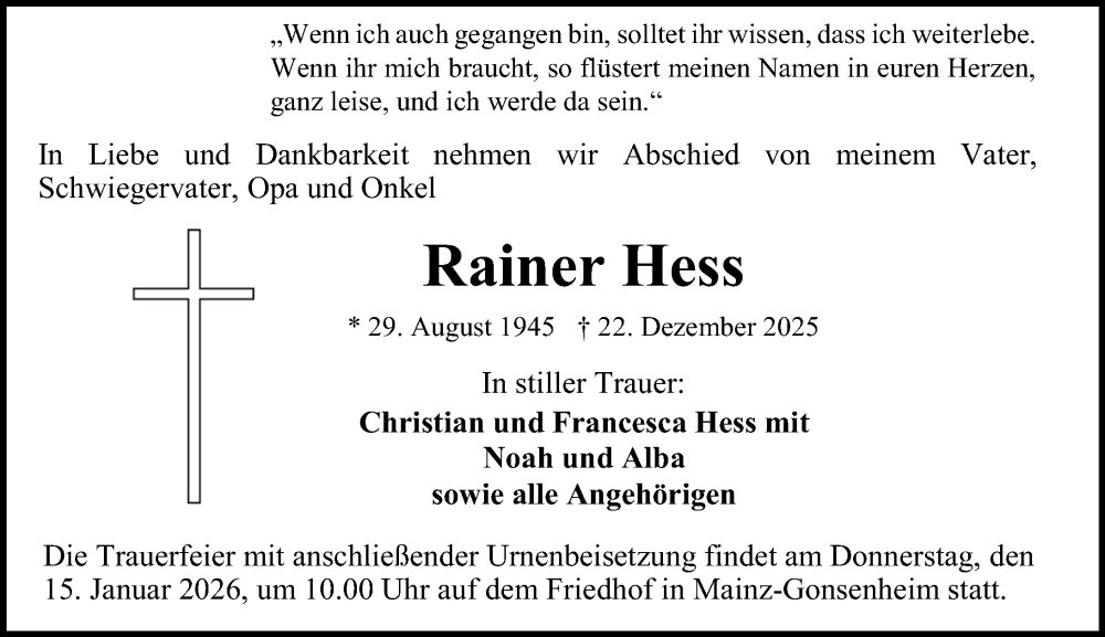  Traueranzeige für Rainer Hess vom 10.01.2026 aus Allgemeine Zeitung Mainz