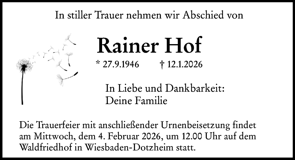  Traueranzeige für Rainer Hof vom 24.01.2026 aus Wiesbadener Kurier