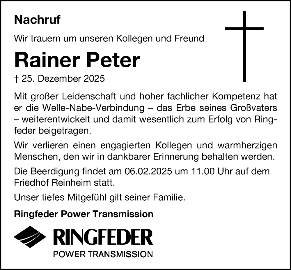  Traueranzeige für Rainer Peter vom 31.01.2026 aus Darmstädter Echo