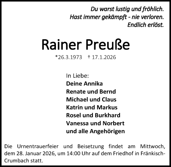 Traueranzeige von Rainer Preuße von Darmstädter Echo