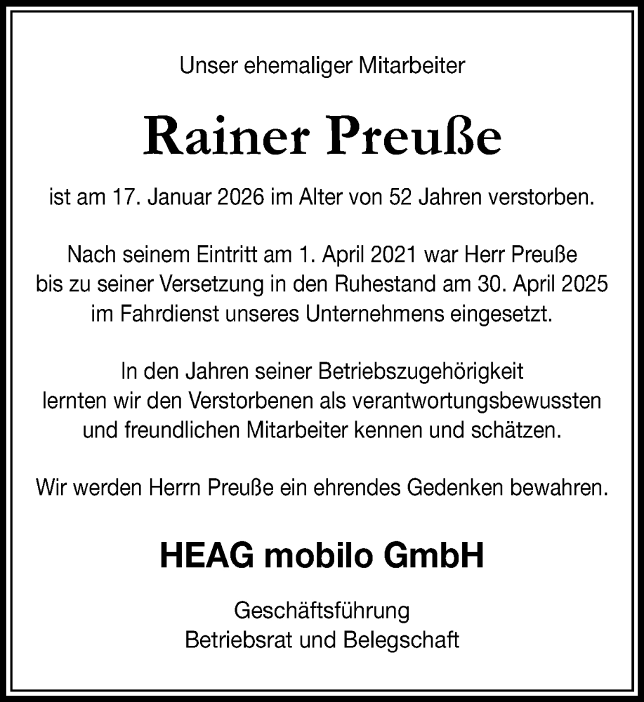  Traueranzeige für Rainer Preuße vom 28.01.2026 aus Darmstädter Echo
