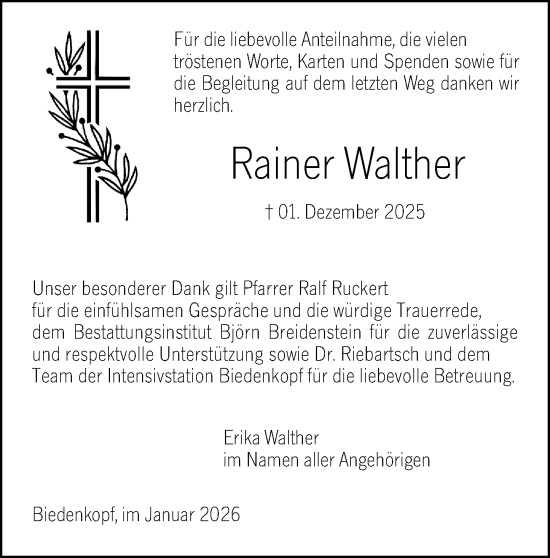 Traueranzeige von Rainer Walther von Hinterländer Anzeiger