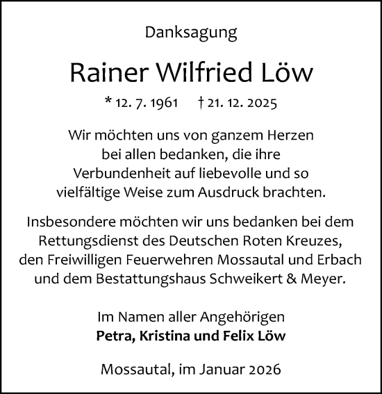 Traueranzeige von Rainer Wilfried Löw von Odenwälder Echo