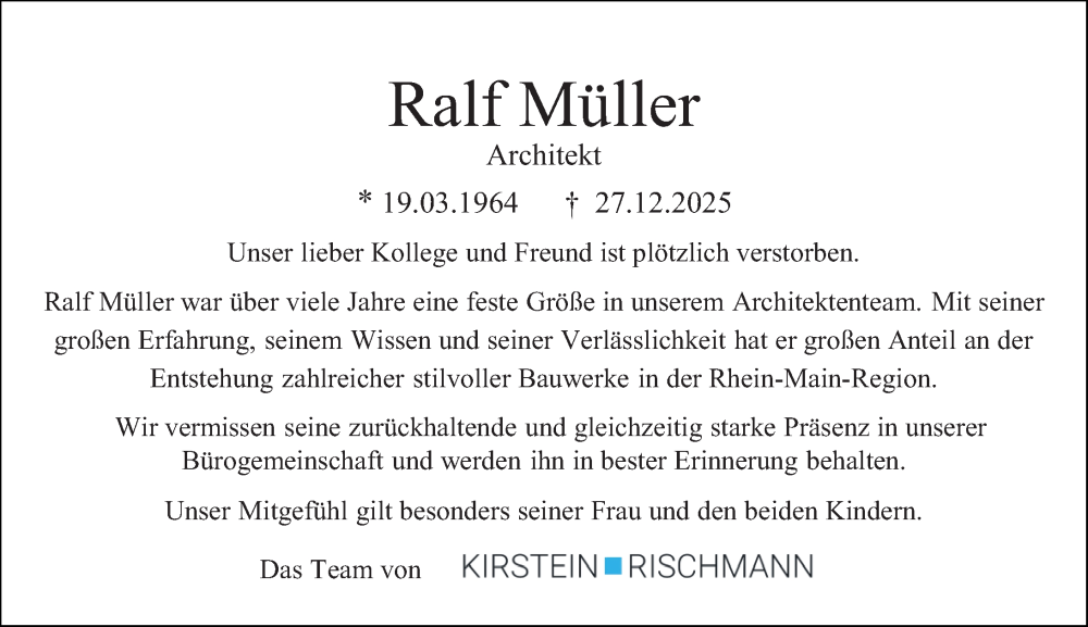  Traueranzeige für Ralf Müller vom 17.01.2026 aus Allgemeine Zeitung Mainz