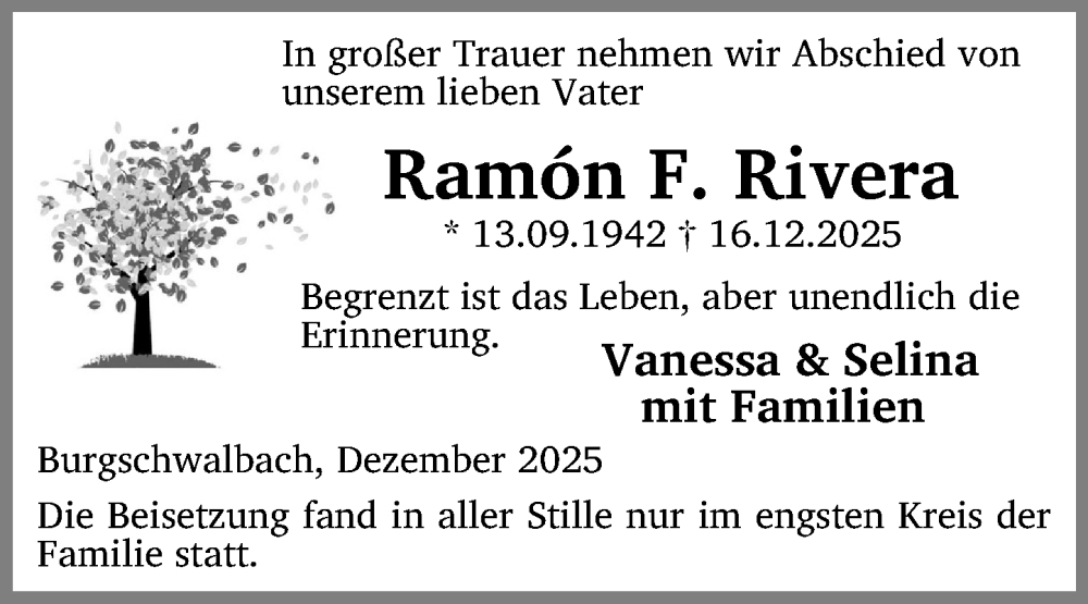  Traueranzeige für Ramón F. Rivera vom 22.01.2026 aus Wiesbadener Kurier