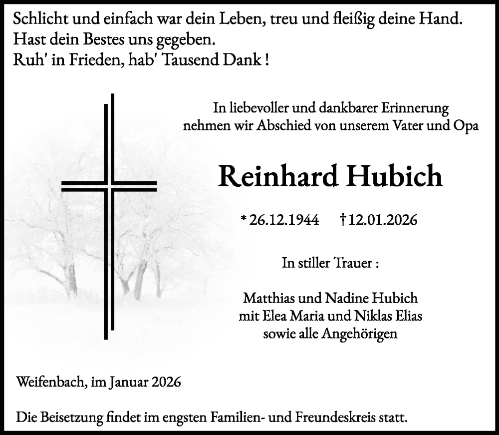  Traueranzeige für Reinhard Hubich vom 17.01.2026 aus Hinterländer Anzeiger