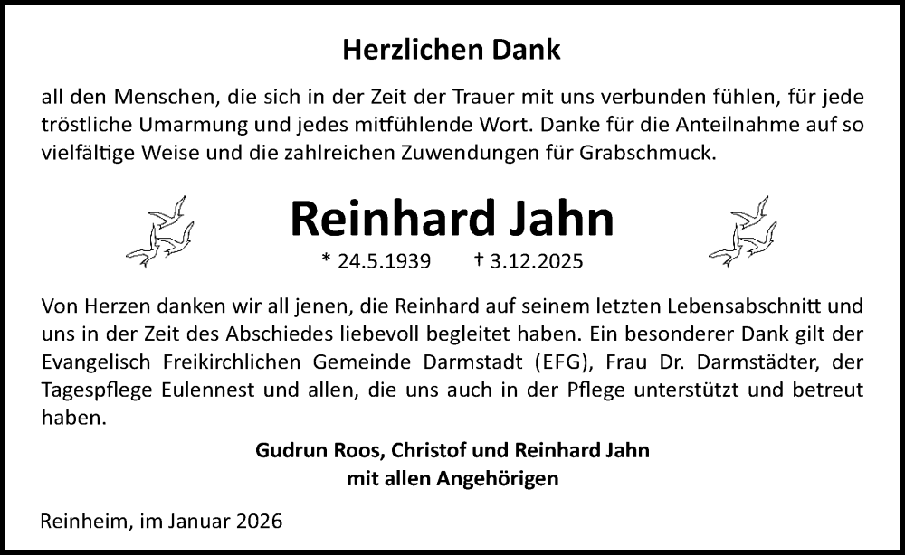  Traueranzeige für Reinhard Jahn vom 24.01.2026 aus Darmstädter Echo