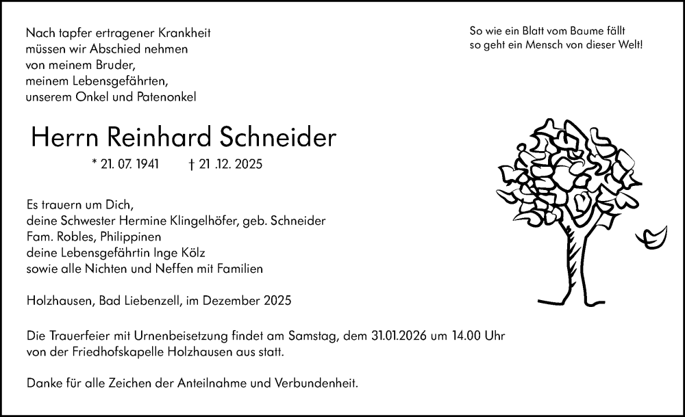  Traueranzeige für Reinhard Schneider vom 28.01.2026 aus Hinterländer Anzeiger