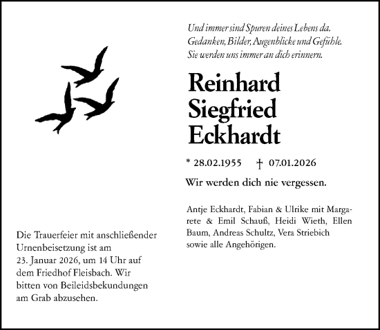 Traueranzeige von Reinhard Siegfried Eckhardt von Dill Block
