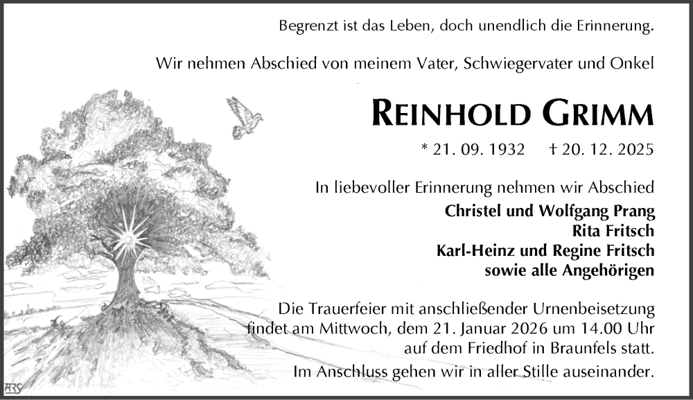  Traueranzeige für Reinhold Grimm vom 17.01.2026 aus Wetzlarer Neue Zeitung