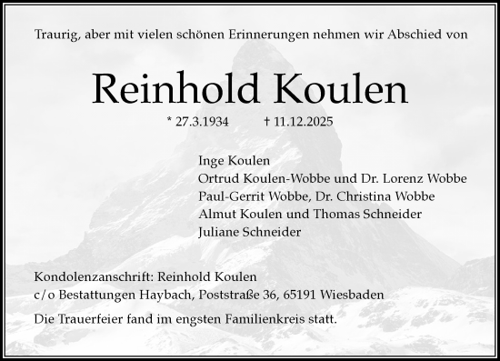 Traueranzeige von Reinhold Koulen von Wiesbadener Kurier