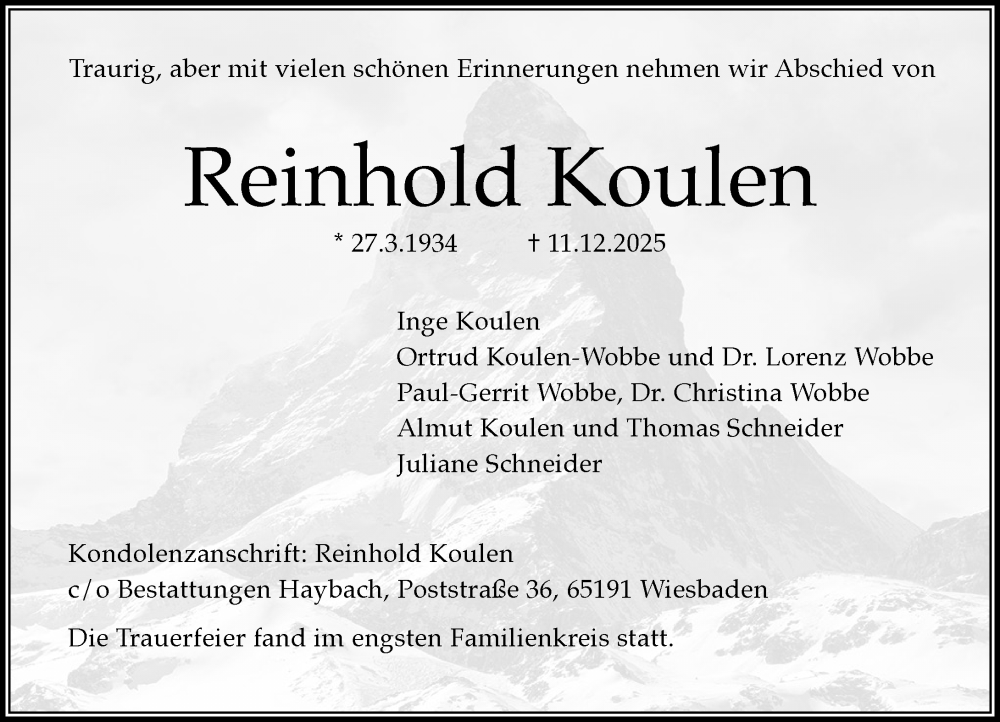  Traueranzeige für Reinhold Koulen vom 24.01.2026 aus Wiesbadener Kurier
