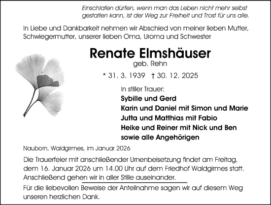 Traueranzeige von Renate Elmshäuser von Wetzlarer Neue Zeitung