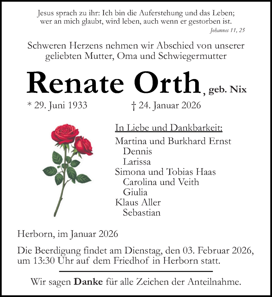  Traueranzeige für Renate Orth vom 29.01.2026 aus Dill Block