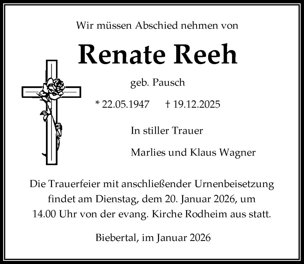  Traueranzeige für Renate Reeh vom 17.01.2026 aus Wetzlarer Neue Zeitung