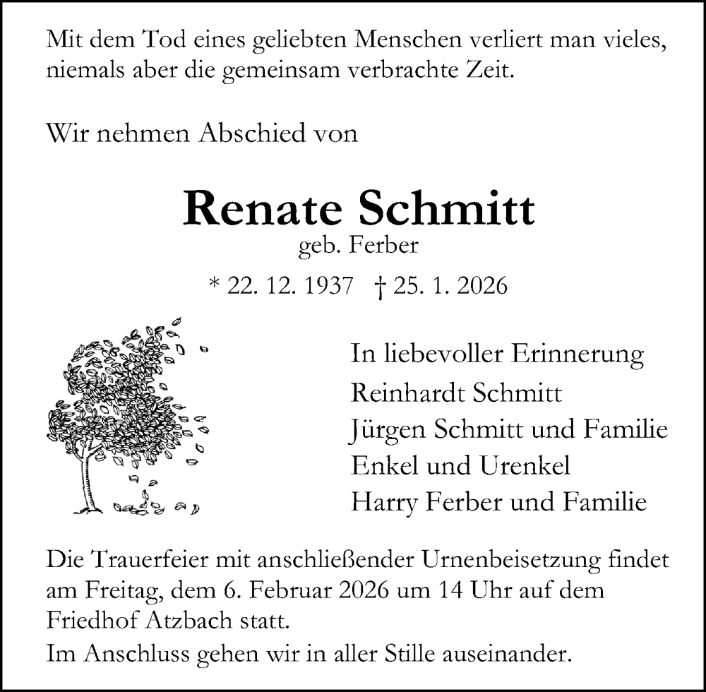  Traueranzeige für Renate Schmitt vom 31.01.2026 aus Wetzlarer Neue Zeitung