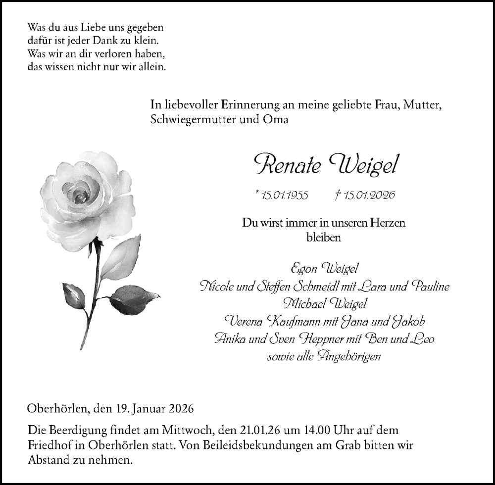  Traueranzeige für Renate Weigel vom 20.01.2026 aus Hinterländer Anzeiger
