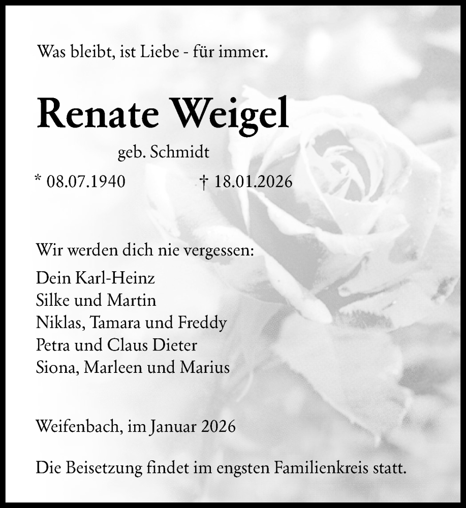  Traueranzeige für Renate Weigel vom 21.01.2026 aus Hinterländer Anzeiger