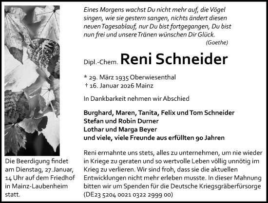 Traueranzeige von Reni Schneider von Allgemeine Zeitung Mainz