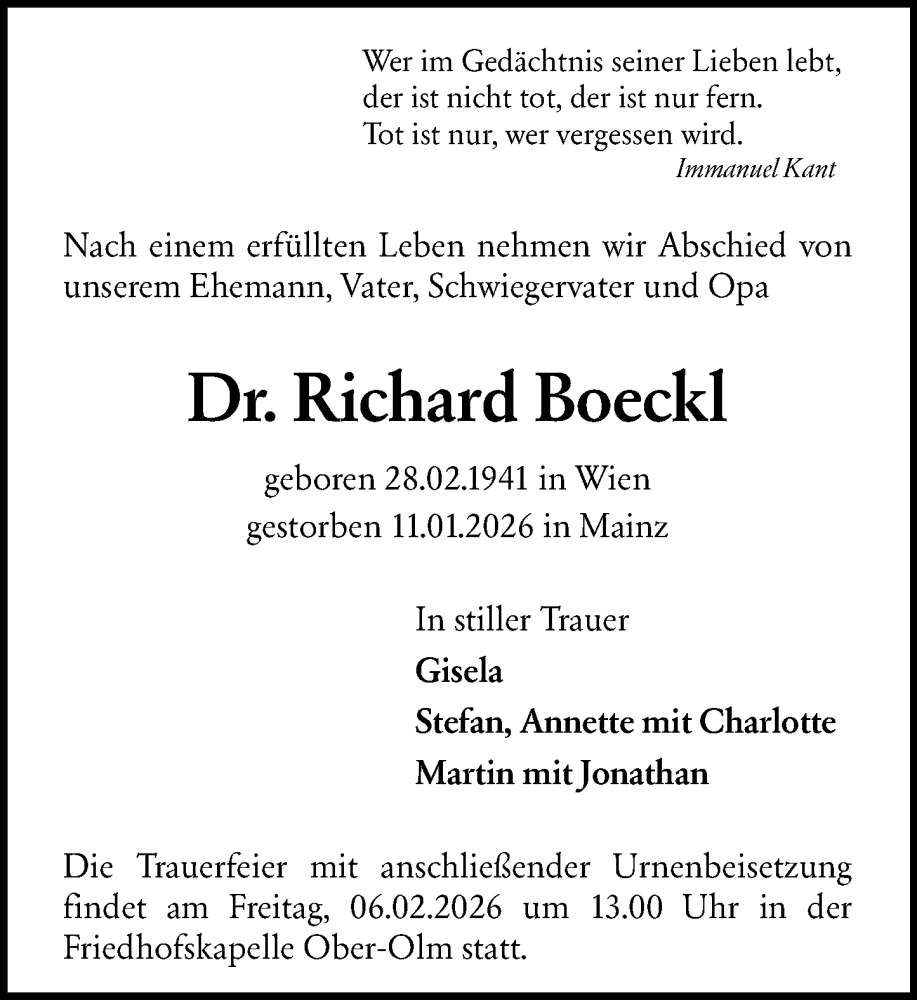  Traueranzeige für Richard Boeckl vom 31.01.2026 aus Allgemeine Zeitung Mainz