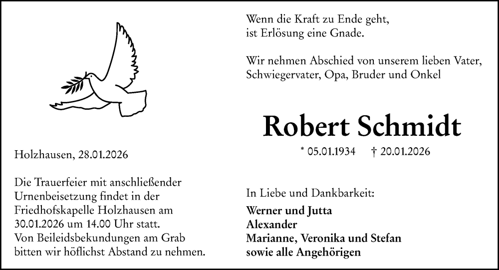  Traueranzeige für Robert Schmidt vom 28.01.2026 aus Hinterländer Anzeiger