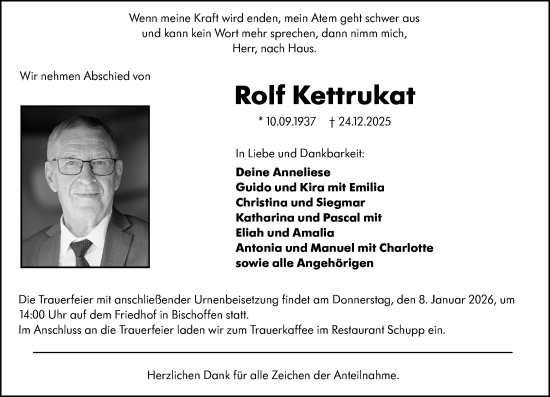 Traueranzeige von Rolf Kettrukat von Dill Block