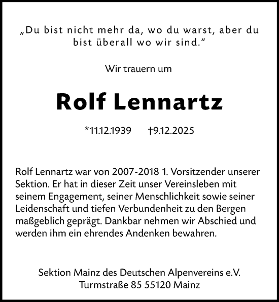Traueranzeige von Rolf Lennartz von Allgemeine Zeitung Mainz