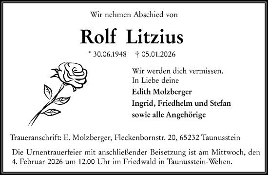 Traueranzeige von Rolf Litzius von Wiesbadener Kurier