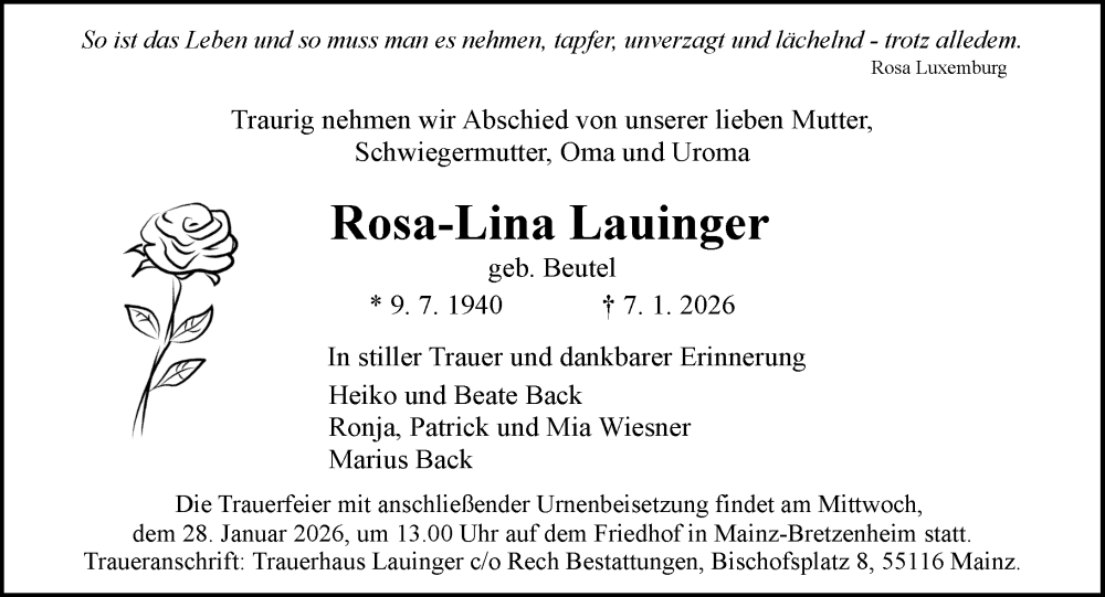  Traueranzeige für Rosa-Lina Lauinger vom 17.01.2026 aus Allgemeine Zeitung Mainz