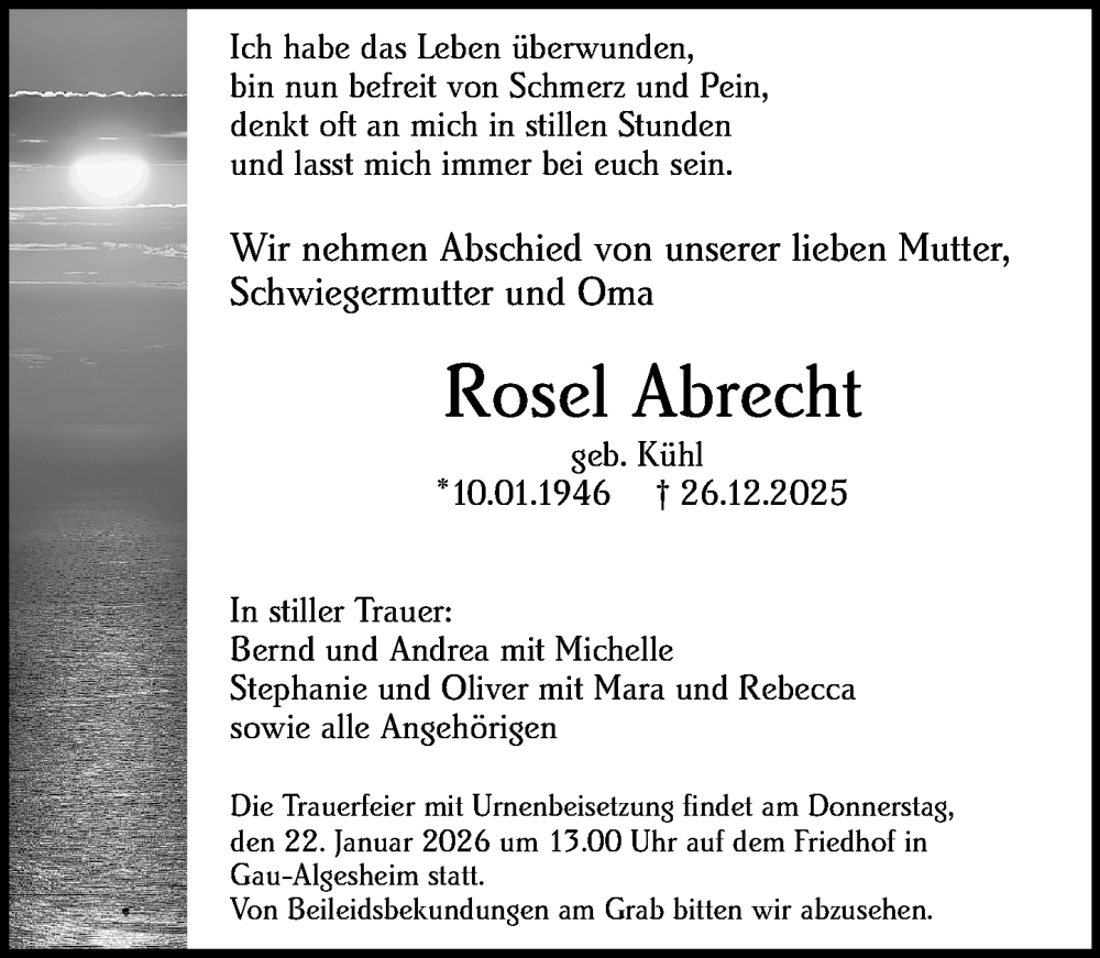  Traueranzeige für Rosel Abrecht vom 17.01.2026 aus Allgemeine Zeitung Rheinhessen-Nahe