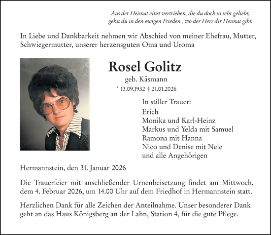 Traueranzeige von Rosel Golitz von Wetzlarer Neue Zeitung