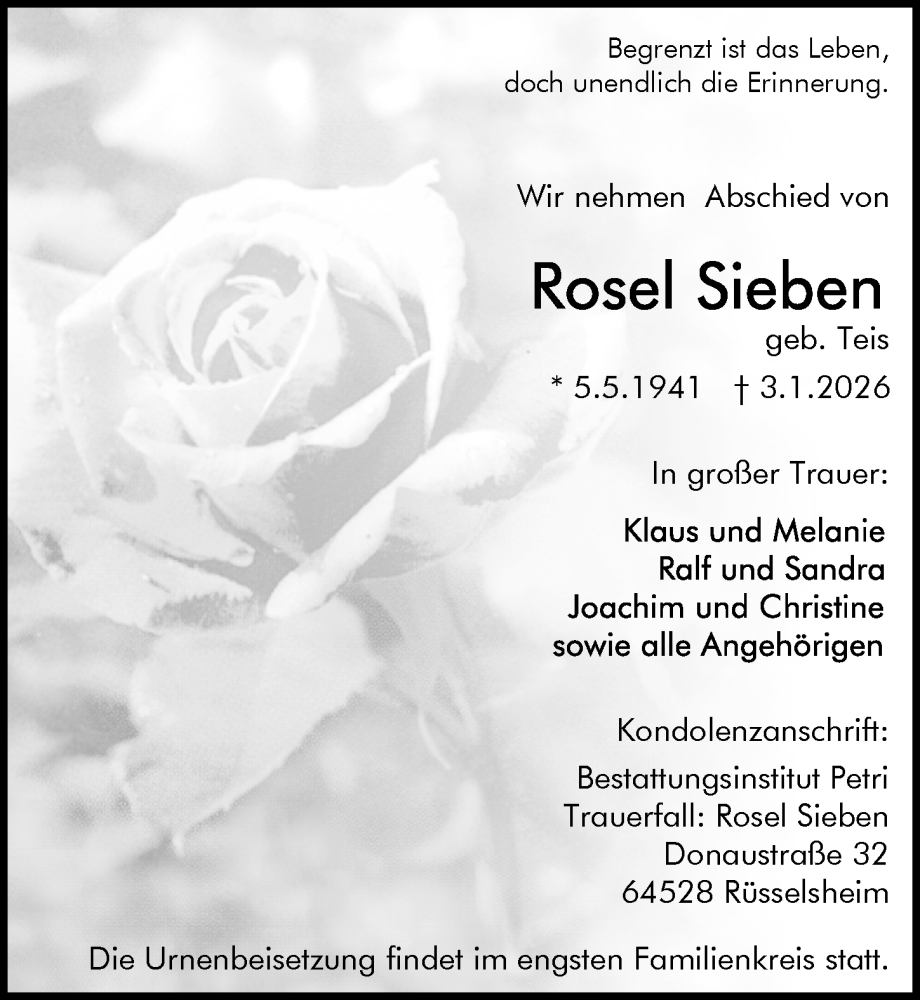  Traueranzeige für Rosel Sieben vom 10.01.2026 aus Rüsselsheimer Echo