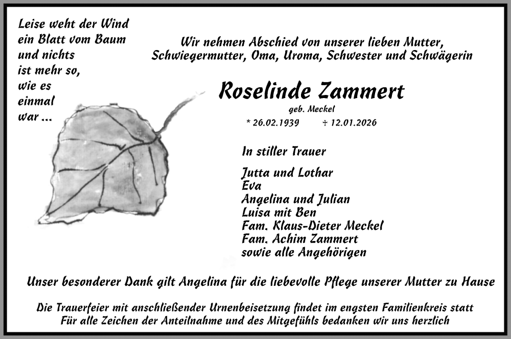  Traueranzeige für Roselinde Zammert vom 17.01.2026 aus Dill Block