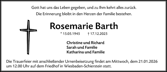 Traueranzeige von Rosemarie Barth von Wiesbadener Kurier