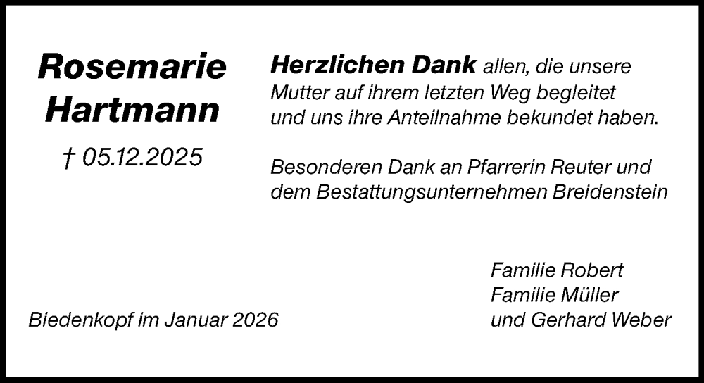  Traueranzeige für Rosemarie Hartmann vom 03.01.2026 aus Hinterländer Anzeiger